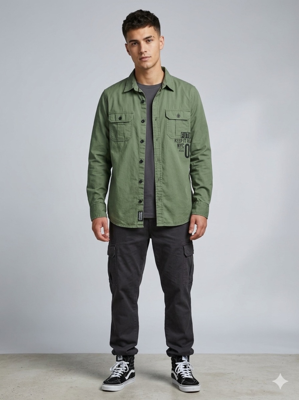 Chapter Young Boys Utility Streetwear Button Up Shirt Green Size 12-14 L Cotton